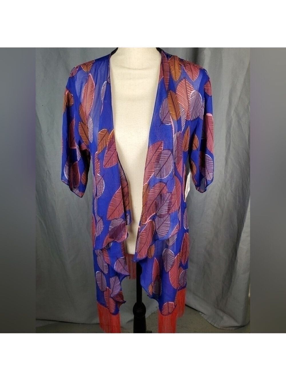 Lularoe Monroe Kimono Blue Pink Feather Pattern Size S